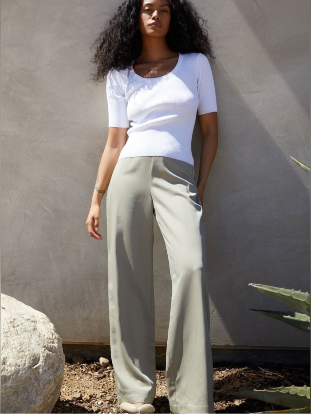 New Oak + Fort Satin Crepe Wide Leg Trouser Pants Size Large Sage Green